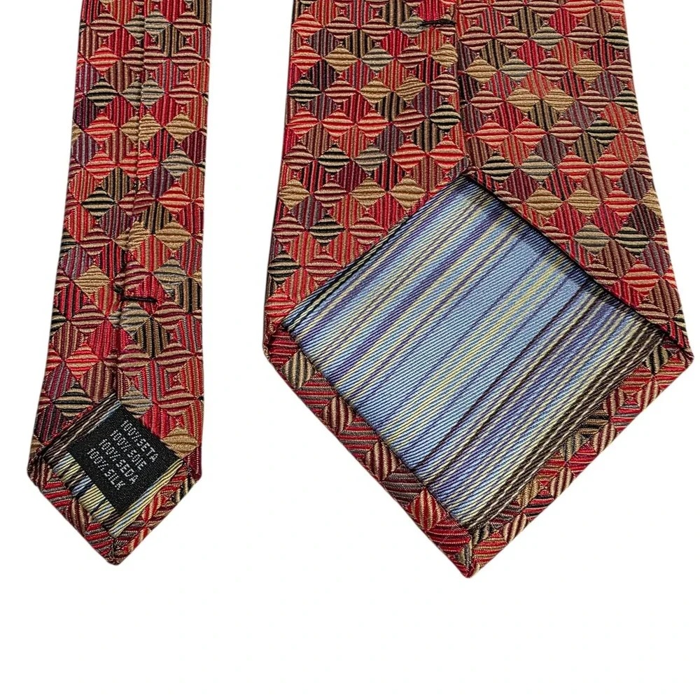 Alexander Julian American‎ Modern Geometric Silk Tie Red Gold Tan Burgundy Woven